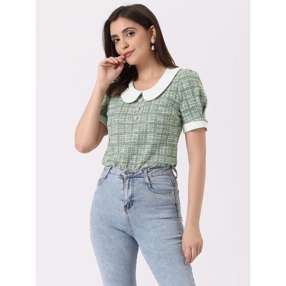 Tweed Top Button Decor Peter Pan Collar Blouse Green - Picture 2 of 4